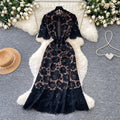 French sweet style pink hollow-out lace dress - women's summer korean style, slimming a-line dress for work and everyday wear