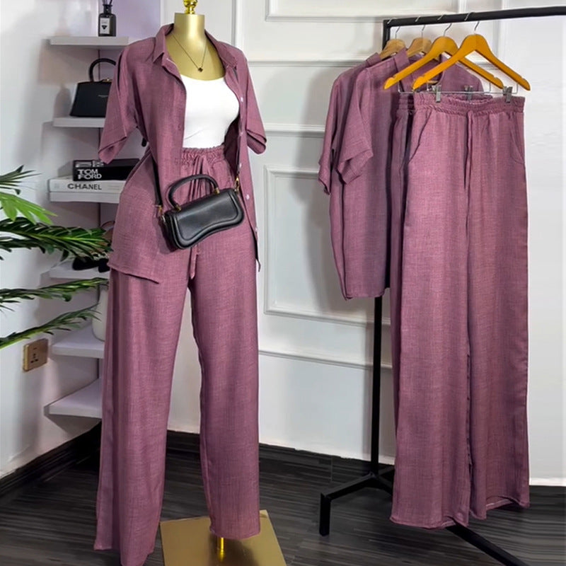 European and american cross-border women's fashion  autumn new solid color turn-down collar short sleeve shirt high-waisted wide leg pants casual set