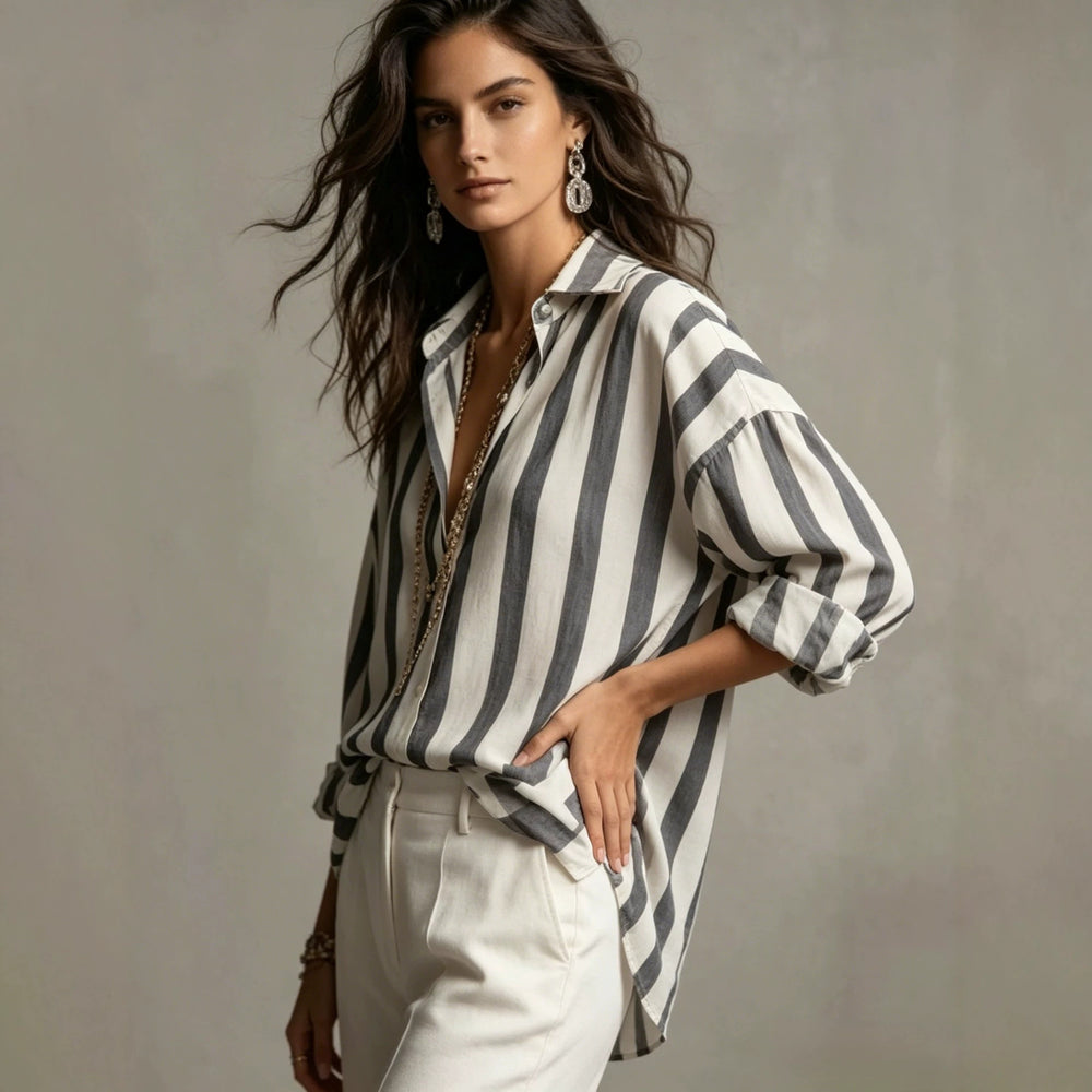 european and american cross-border  independent station spring, summer and autumn new women's clothing striped lapel loosefashion pullover women
