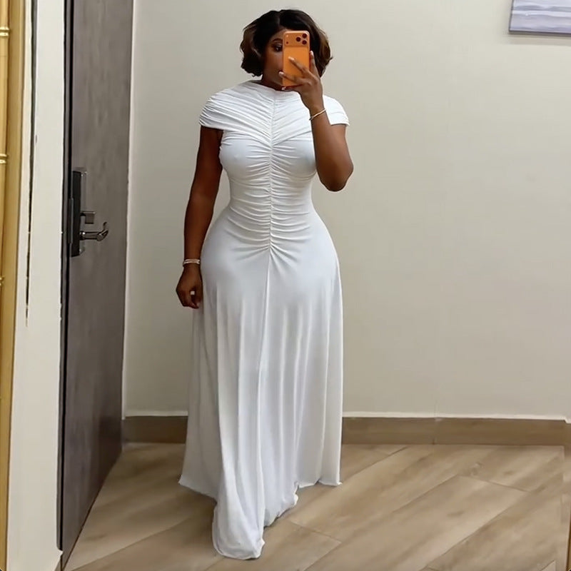 European and american cross-border african women's clothing  spring new arrival: elegant round neck pleated slim-fit long dress