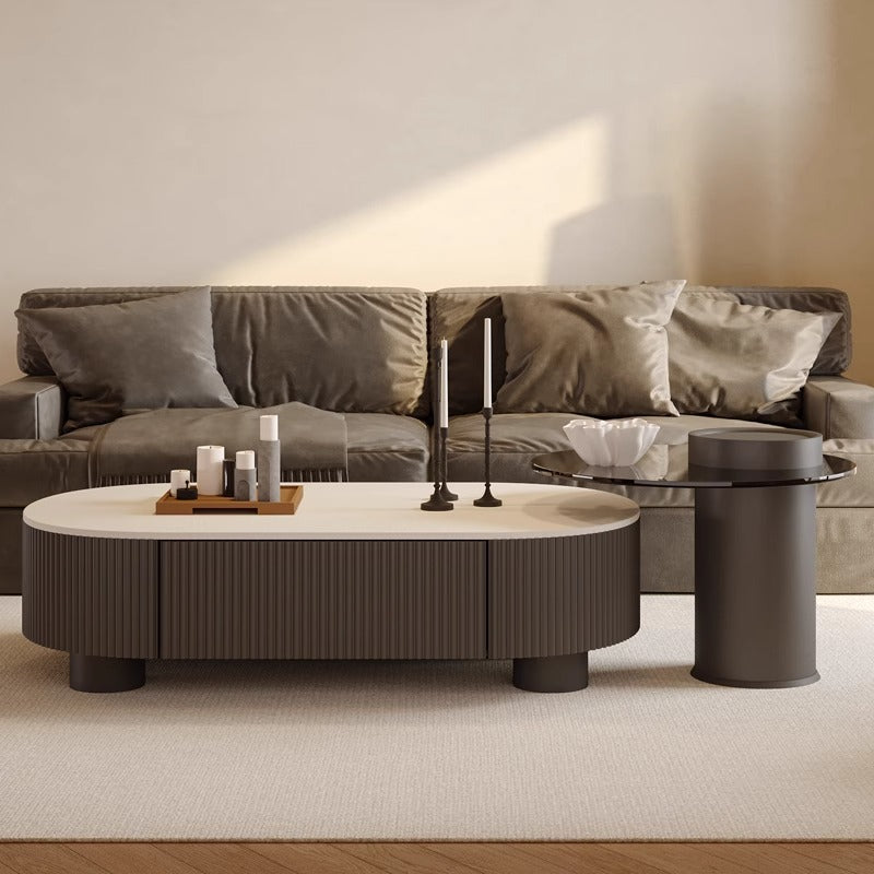 Cream oval rock slab coffee table - new living room design for small spaces, modern minimalist, high-end light luxury with storage
