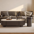 Cream oval rock slab coffee table - new living room design for small spaces, modern minimalist, high-end light luxury with storage