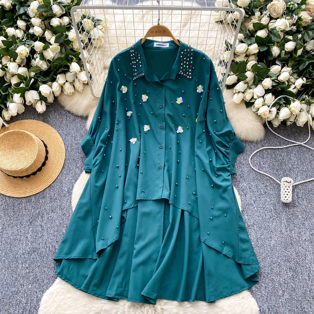 Fashionfashionable heavy industry beading stereo flower shirt women's sense of design asymmetrical loose bat sleeve tops