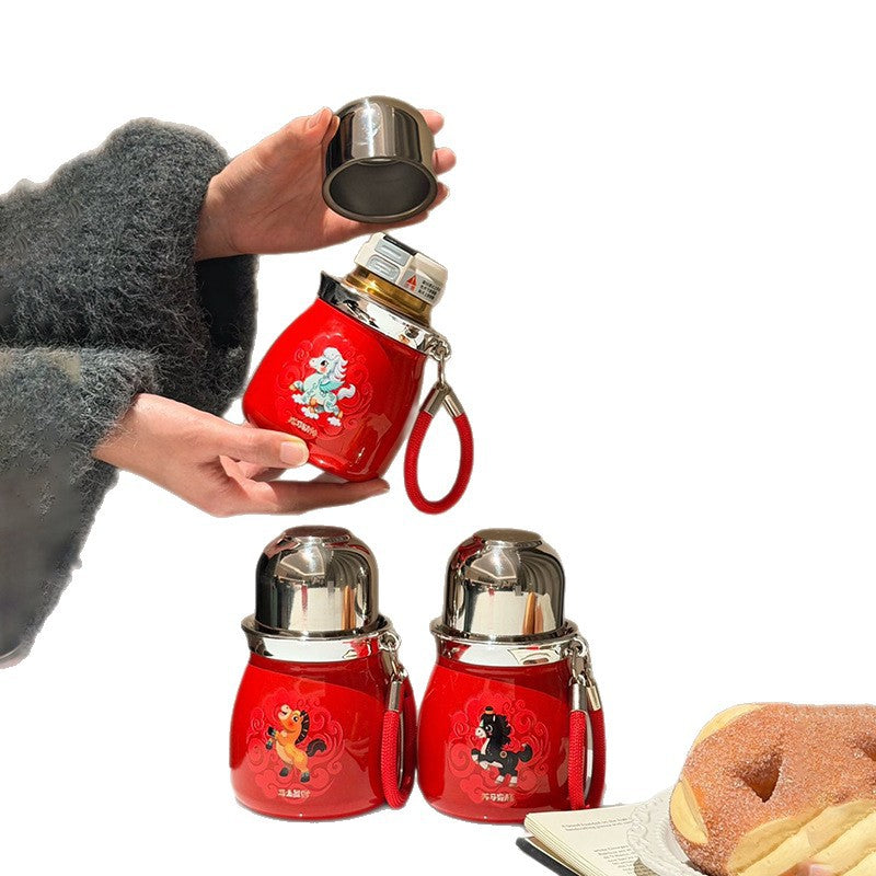 New arrival national trend horse year thermal insulation titanium ingot gourd thermos cup tea water separation three-drink thermos water cup stew tea cup