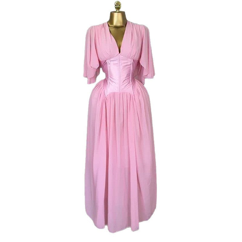European and american cross-border women's fashion:  summer new arrival - elegant v-neck, waist-defining, patchwork a-line short-sleeve pink maxi dress