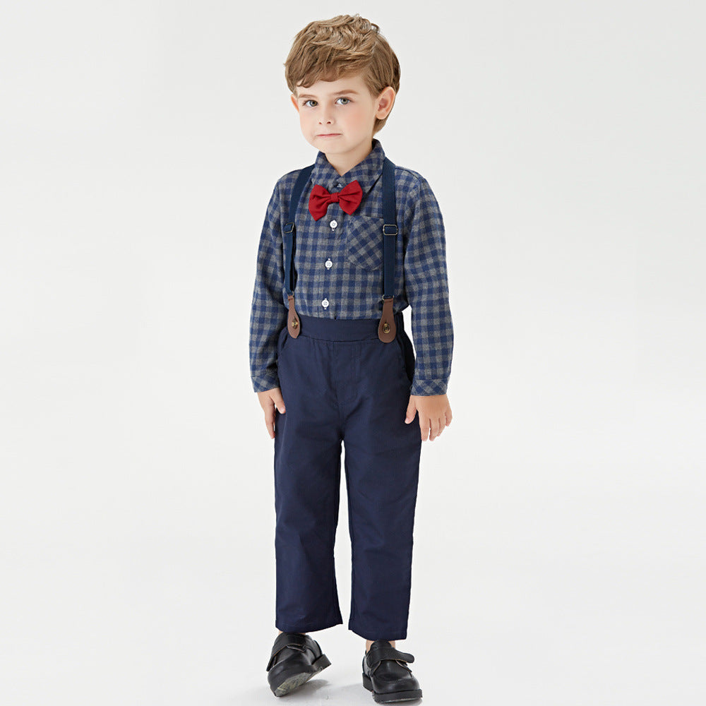 Factory direct export british style children's clothing set: long-sleeved plaid shirt and overalls - new spring collection for boys