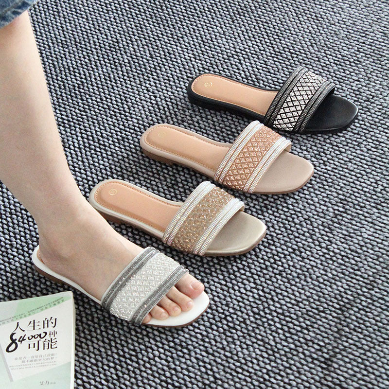 Women slippers slippers women summer wear rhinestone multi-color casual flat bottom slippers wear-resistant  wholesale
