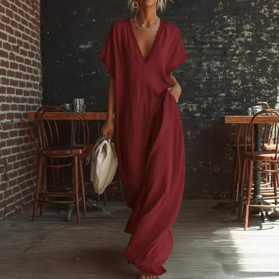 spring/summer collection: independent website, , us & european market - casual, elegant, comfortable, lace-trimmed, loose-fit linen-cotton maxi dress