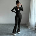 European and american cross-border e-commerce black slim-fit zip-up stand collar top and flare pants fashion two-piece set for women