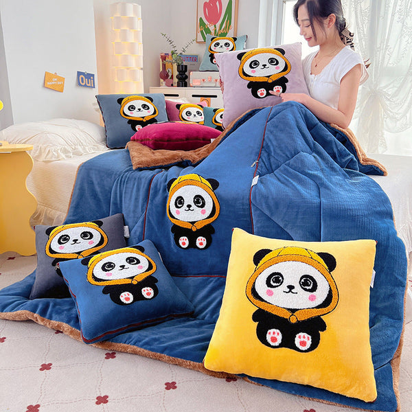 2024 new double-sided velvet thickened panda towel embroidered multi-functional throw pillow quilt milk velvet cushion quilt arctic velvet thick