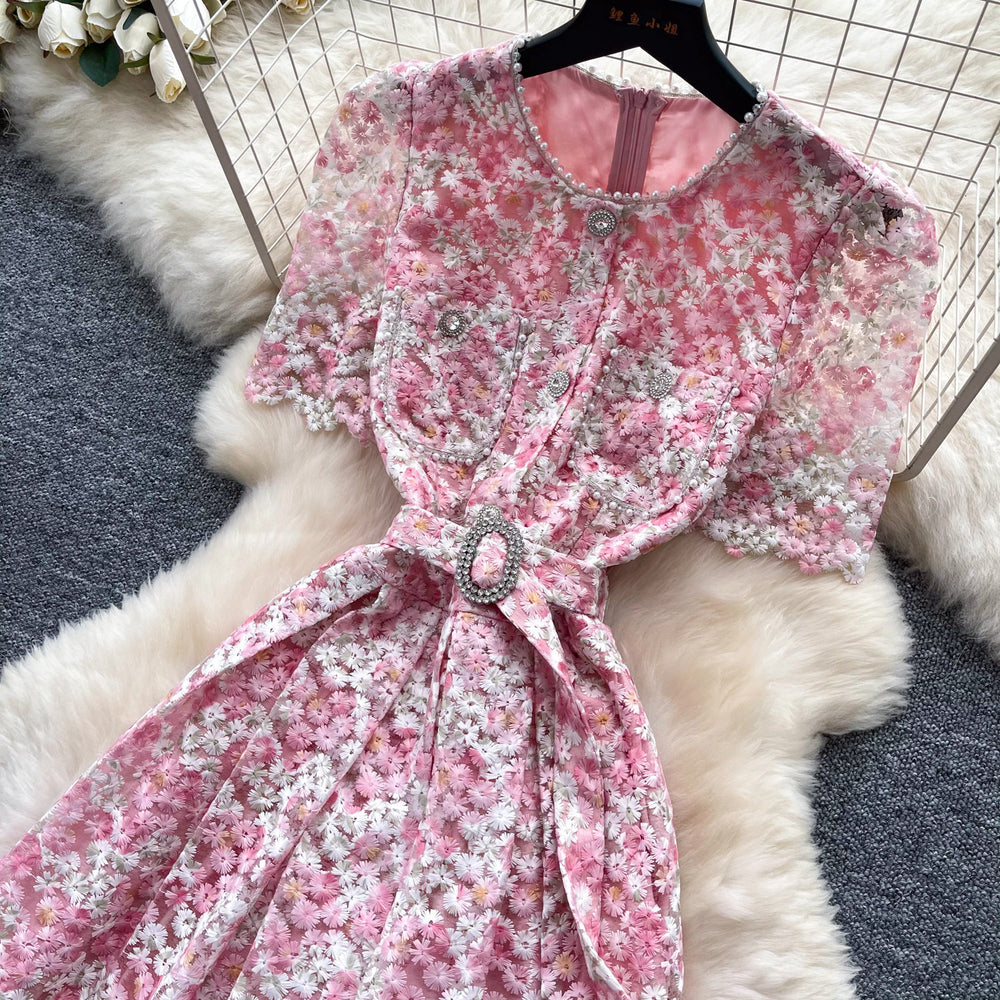 Korean style pink lace hollow-out short sleeve dress - women's summer high-waisted a-line dress - commute-friendly, elegant, and slimming