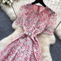 Korean style pink lace hollow-out short sleeve dress - women's summer high-waisted a-line dress - commute-friendly, elegant, and slimming