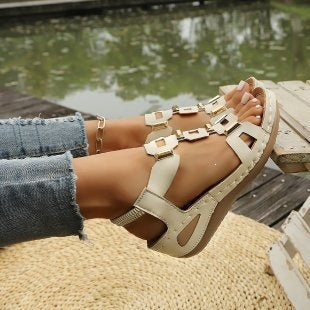 Elastic slip-on sandals for women, new summer  collection, plus size wedge heel, open-toe design with metal embellishments