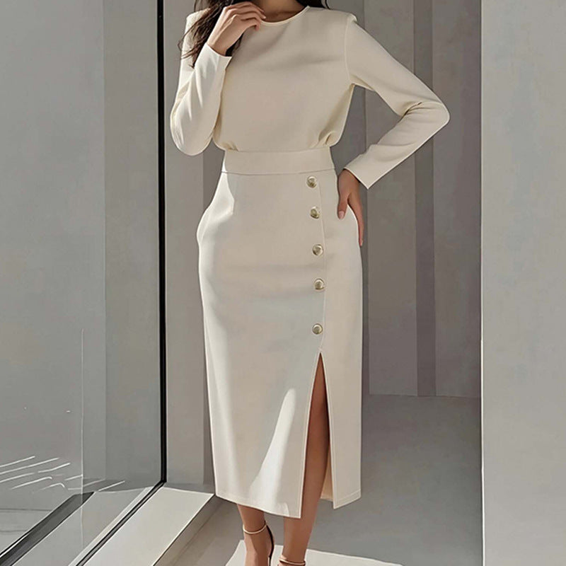 cross-border e-commerce european and american women's clothing: new summer collection - solid color button-down slit round neck bodycon maxi dress