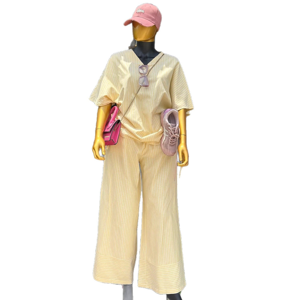 European and american cross-border women's fashion:  summer new collection - stylish v-neck striped short-sleeve top and wide-leg pants casual set