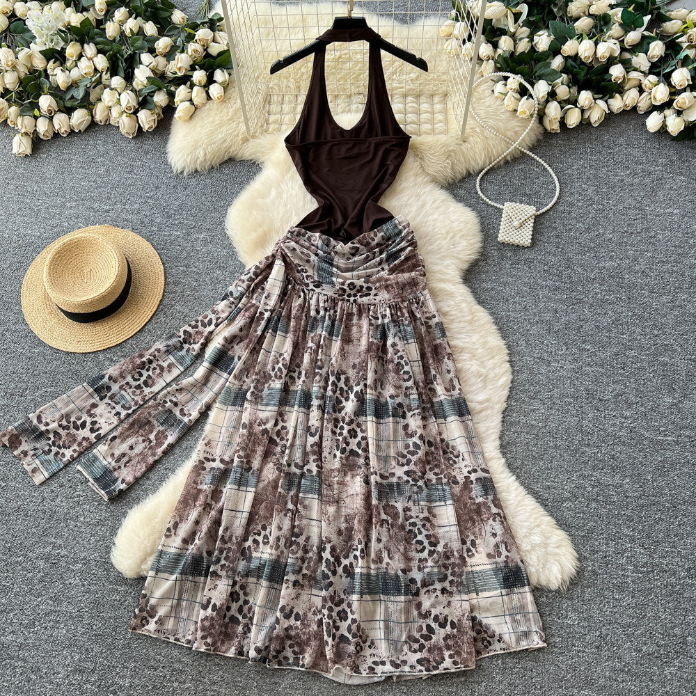 Classy atmosphere retro leopard print patchwork slit suspender dress women's high waist strap long skirt niche stylesummer