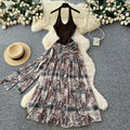 Classy atmosphere retro leopard print patchwork slit suspender dress women's high waist strap long skirt niche stylesummer