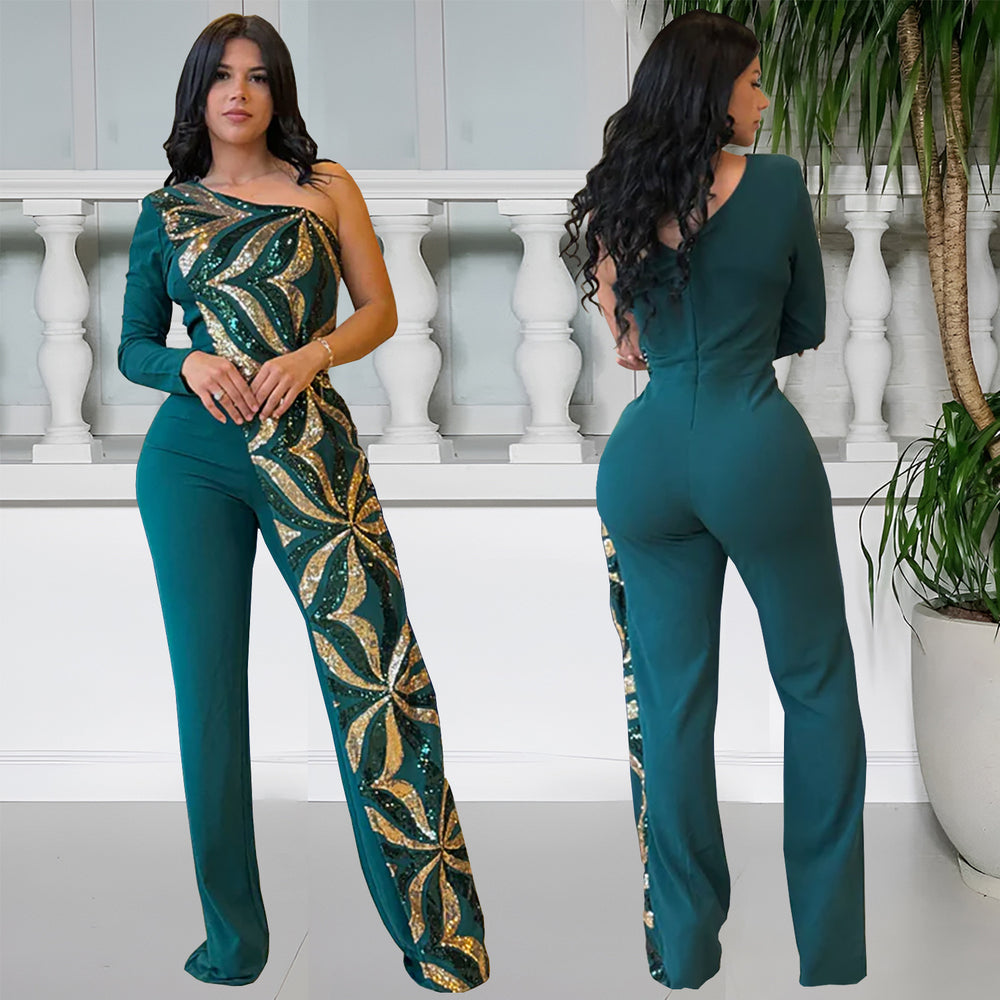 C7301 cross-border   fashion women's elegant bodycon one-shoulder sequin sleeveless jumpsuit