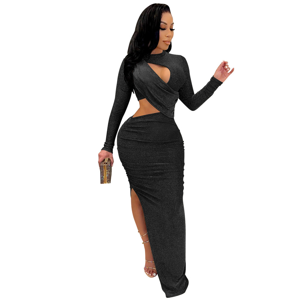 C5550 summer new european and american  cross-border fashion long sleeve sexy hollow-out slit maxi dress for women