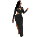 C5550 summer new european and american  cross-border fashion long sleeve sexy hollow-out slit maxi dress for women