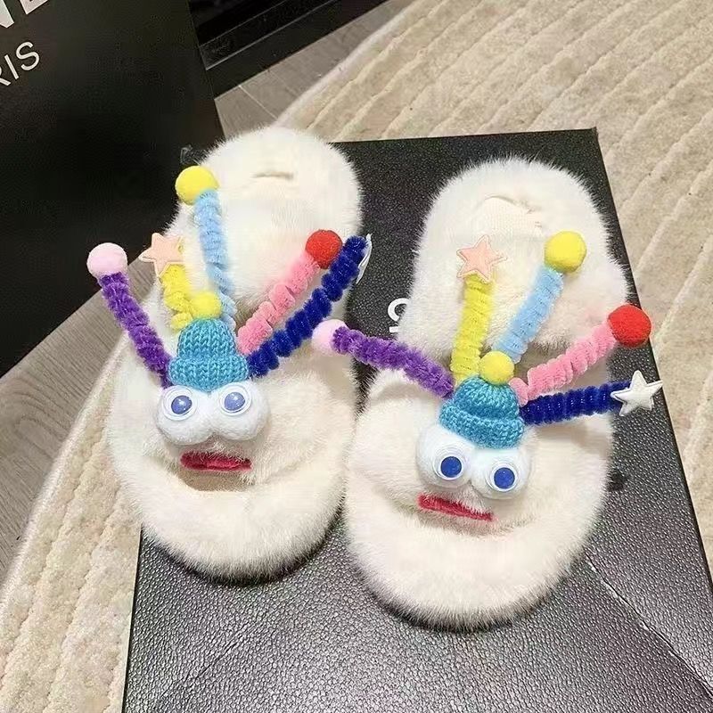 Thick sole fur slippers 2024new arrival cartoon cute autumn winter heightening non-slip flip-flops indoor home cotton slippers