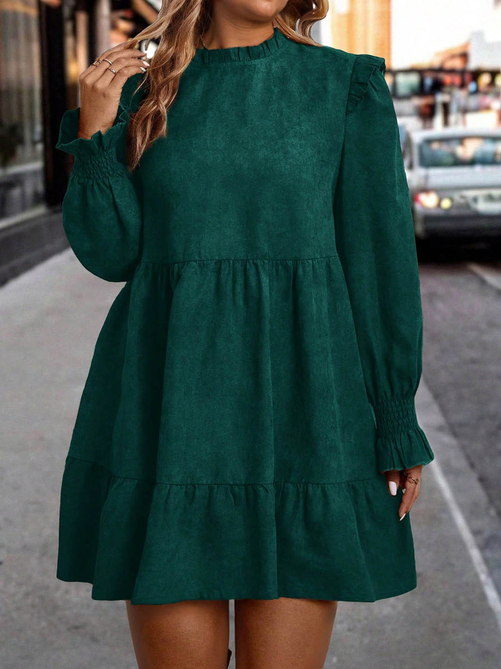 retro texture plus size doll skirt with fungus edge round neck lantern long sleeves looseeasiest for match