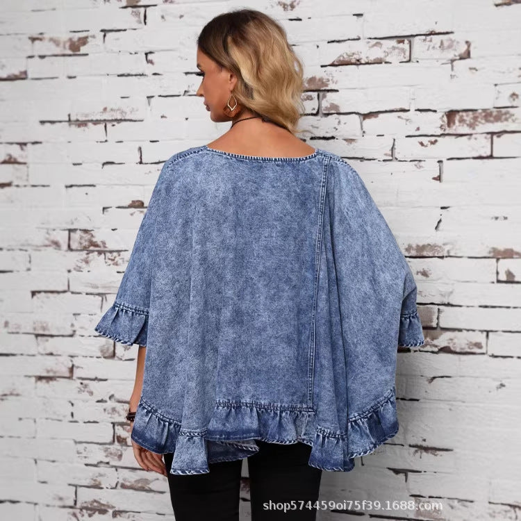 Amazon tiktok pinduoduo foreign trade cross-border fashion women's ruffles sleeve denim cardigan washed outwear