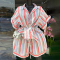 European and american style women's summer  new collection: sweet and fresh striped turn-down collar short-sleeve shirt and high-waisted straight-leg shorts two-piece set
