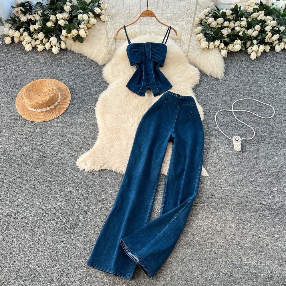 Cowgirl-chic cami and tube top two-piece set for women, featuring a high-waisted, slimming wide-leg pants outfit perfect for spring and summer