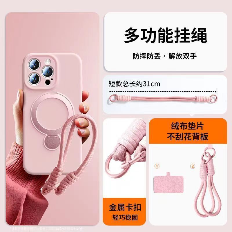 Rotating magnetic stand compatible iphone 17 pro precision cut liquid silicone phone case with lanyard, apple 13 protective cover