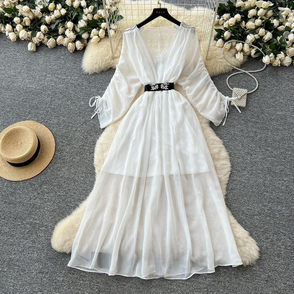 French chic diamond-embellished v-neck batwing sleeve tie-waist maxi dress - slimming, elegant, and flowy chiffon