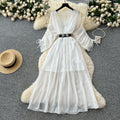 French chic diamond-embellished v-neck batwing sleeve tie-waist maxi dress - slimming, elegant, and flowy chiffon