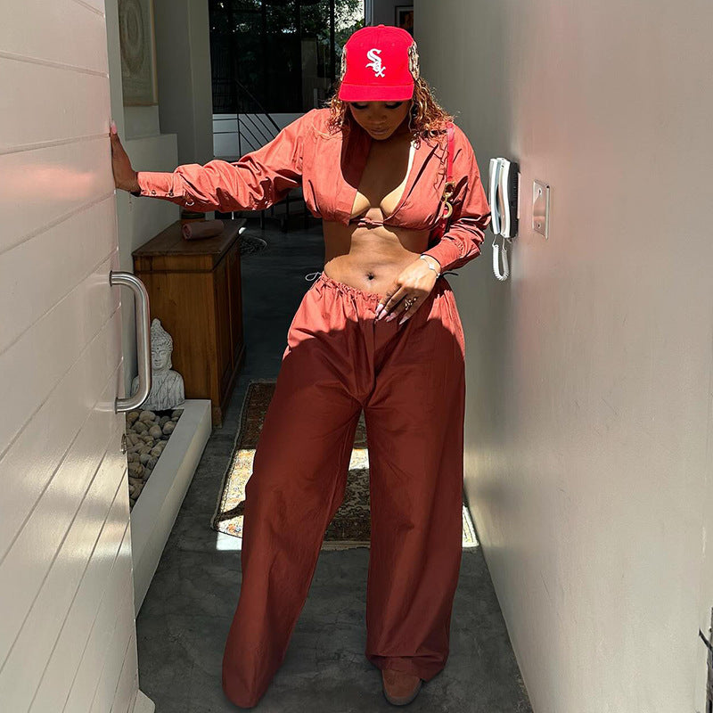 European and american style women's fall  new collection: sweet & fresh turn-down collar long sleeve cropped shirt and high-waisted straight-leg pants two-piece set