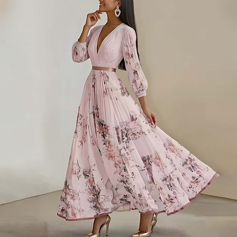 women's summer new arrivals:  cross-border fashion - elegant v-neck printed waist-cinching dress (us/eu style)