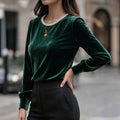 European and american style velvet base layer top - round neck, beaded embellishments, long sleeves with cuffed sleeves, elegant inner layer top - wholesale supply