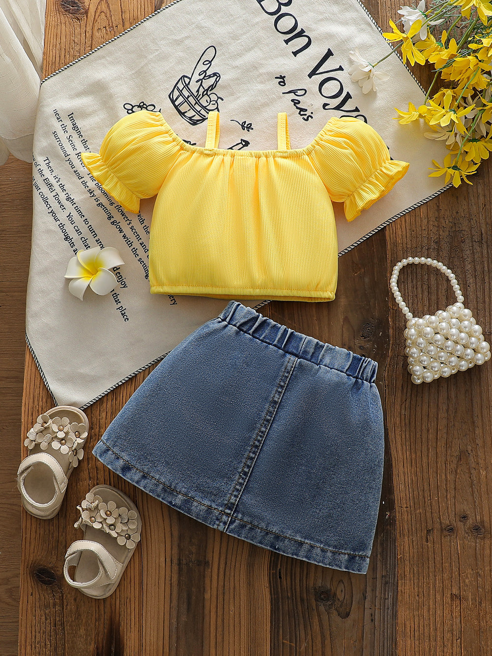 cross-border baby & toddler girl's country style off-the-shoulder ruffle cami top + embroidered denim mini skirt set