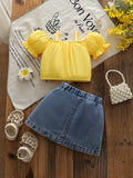 cross-border baby & toddler girl's country style off-the-shoulder ruffle cami top + embroidered denim mini skirt set
