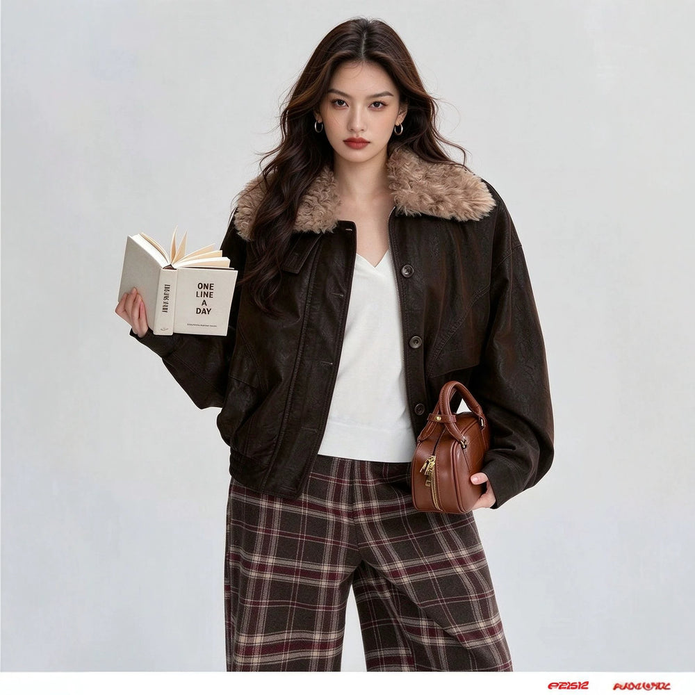 european and american cross-border trade quilted detachable fur collar leather jacket women's autumn/winter patchwork warm short coat