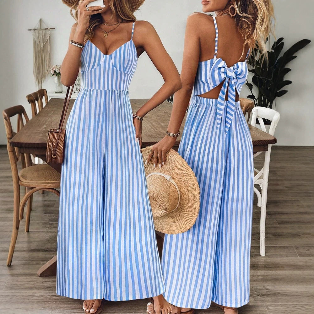 Ready-to-ship cross-border women's fashion jumpsuit: european and american style, spaghetti strap, open back, large bow detail