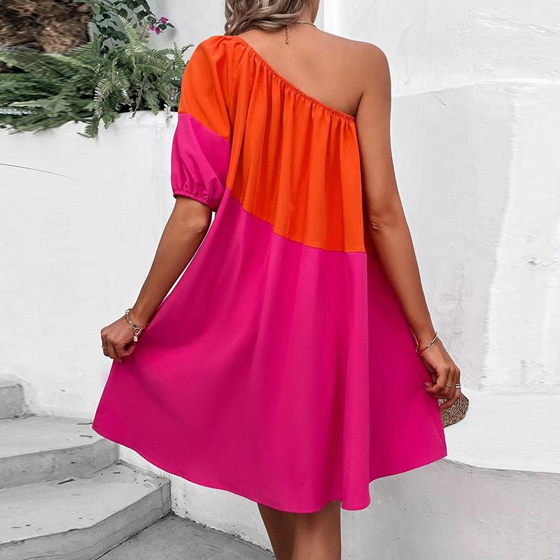 Ruiyu  European and American holiday style contrasting color dress 2025 summer ins short-sleeved medium and long small pendulum A-shaped skirt