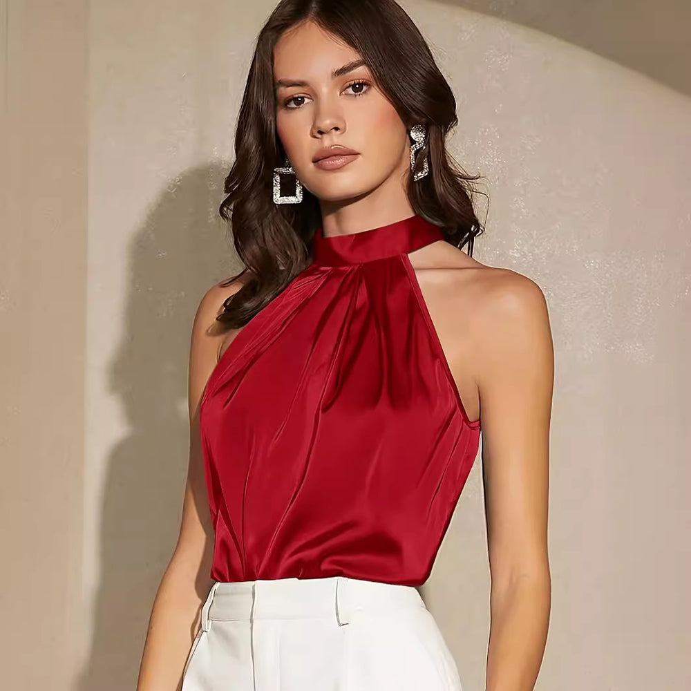 Amazon  european and american cross-border e-commerce summer new satin tank top women's solid color off-shoulder halter tie-up top