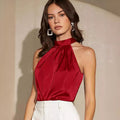Amazon  european and american cross-border e-commerce summer new satin tank top women's solid color off-shoulder halter tie-up top