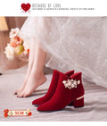 Wedding shoes bridal shoes winter fleece-lined thick heel 2024new arrivalwinter red high heels women's wedding boots not tiring feet