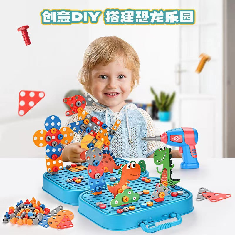 Cross-border export children's electric drill building block screws toolbox toys electric DIY dismantling dinosaur unicorn puzzle