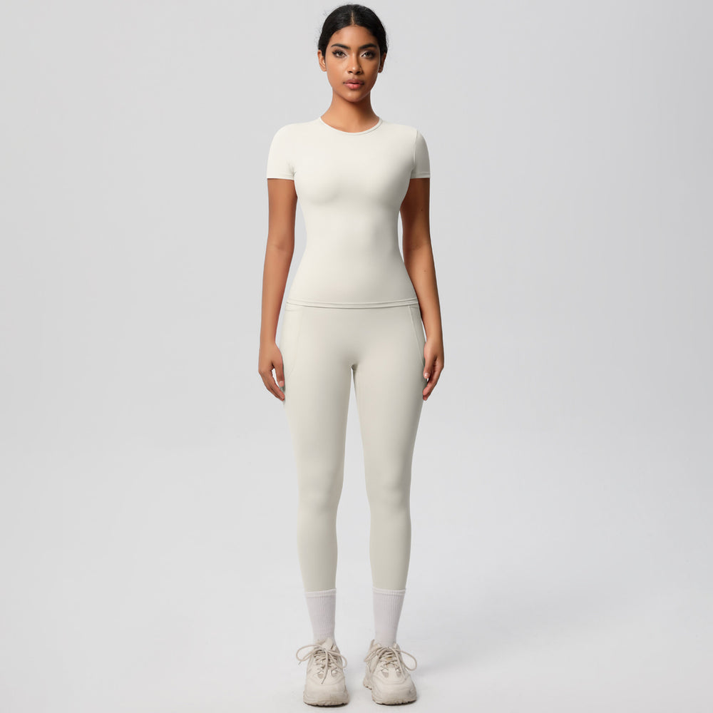 European and american solid color nude feel brushed short-sleeve yoga top and high-waisted butt-lifting fitness leggings quick-dry running workout set