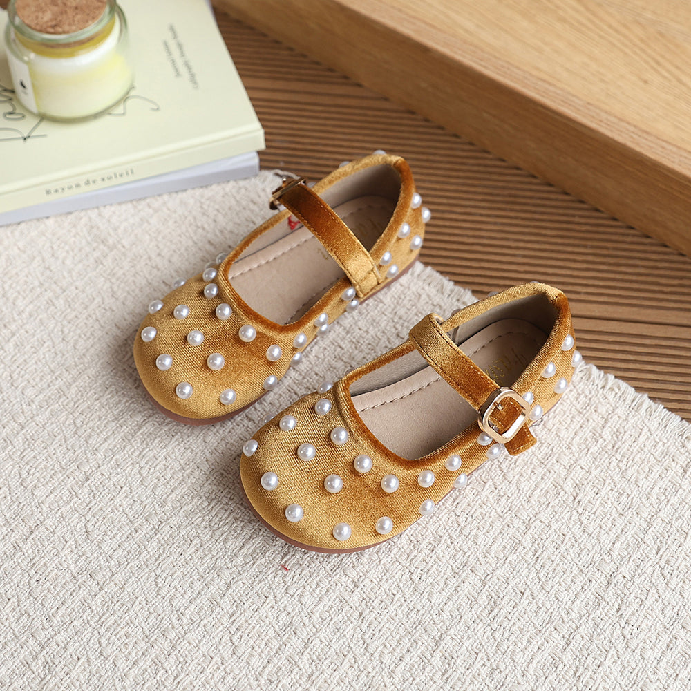Vancahao girls' french round-toe flats with pearl detail -  spring new collection, soft sole, single strap, flat shoes