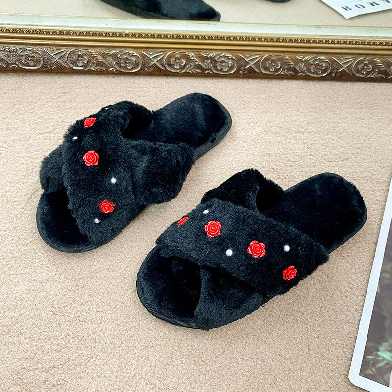 2024 new korean style floral plush slippers for women, autumn/winter home indoor flat pearl cross wooden floor fuzzy slippers