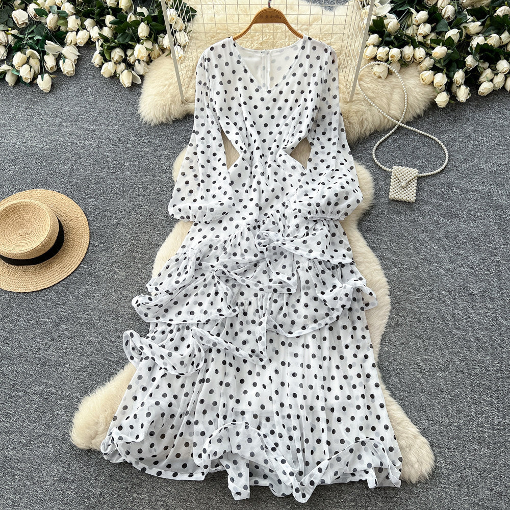 French polka dot v-neck bodycon asymmetrical dress - women's summer cinched waist ruffle trim slimming cake dress - socialite style