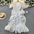 French polka dot v-neck bodycon asymmetrical dress - women's summer cinched waist ruffle trim slimming cake dress - socialite style