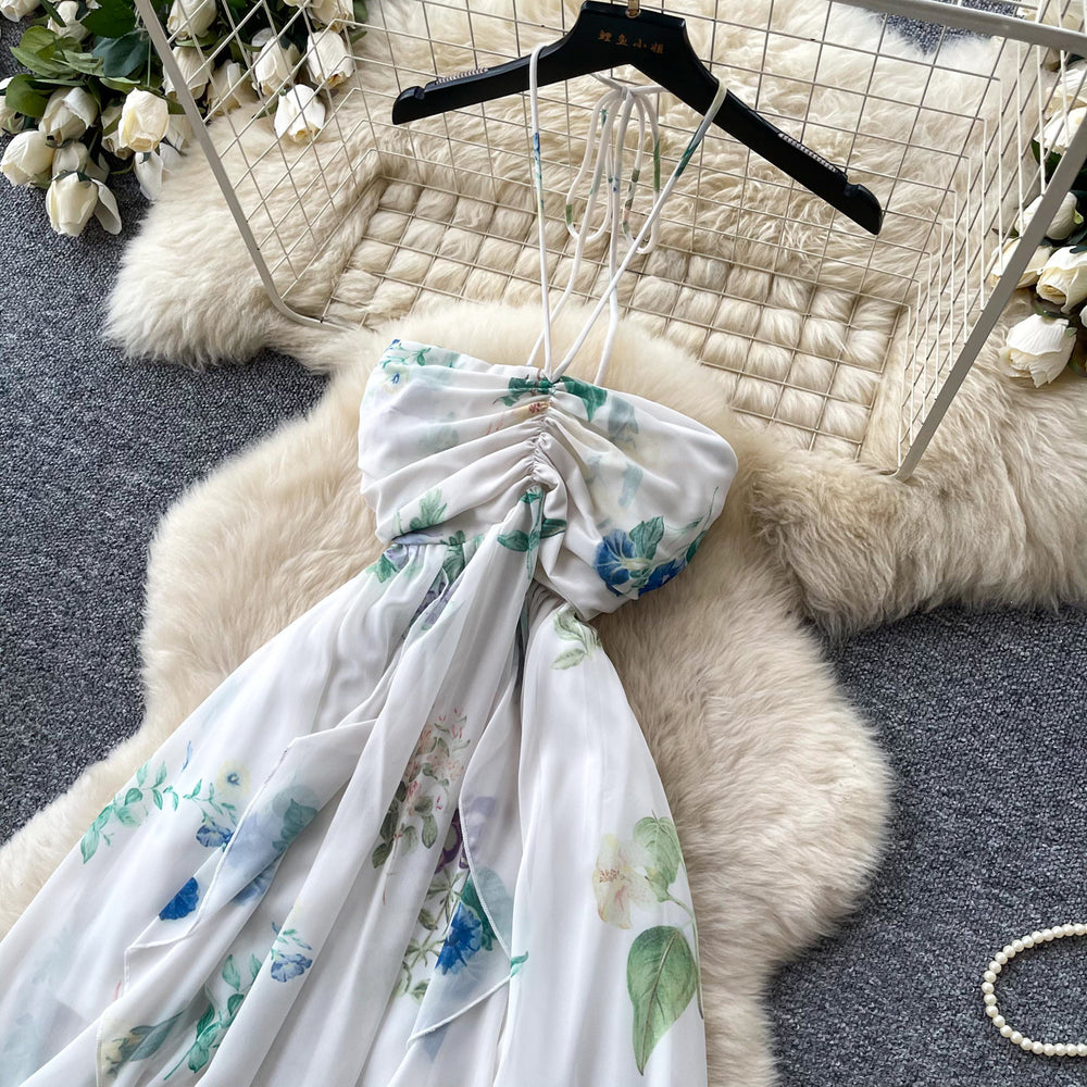 Vacation style halter floral backlessdress women's summerrufflesasymmetrical sleeveless fairy waist long skirt